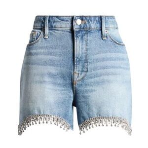 NWT GOOD AMERICAN  Bombshell Crystal Fringe Denim Cutoff Shorts Size 15
